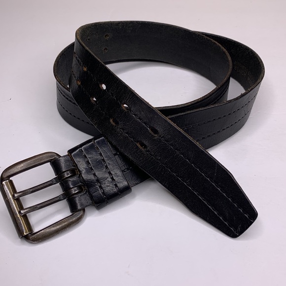 BELT Black Harness Cowhide Leather Bench Made Biker Core Double Pin Size 38 - Picture 1 of 15